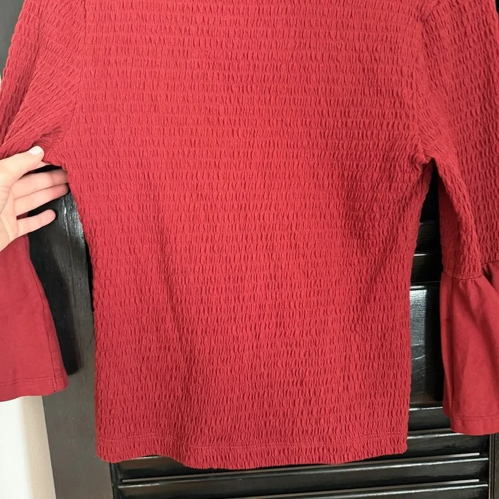 Anthropologie Rust Red Smocked Ruffle Bell Sleeve Top Size M Cotton Stretch